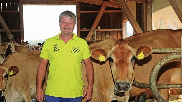 Jürg Sprenger inmitten seiner Jersey-Milchkühe. 350 000 kg Milch produziert die 83-köpfige Herde im Jahr, mit Vollweide, Heu und ohne Kraftfutter. In den Stall gehen die Tiere im Sommer nur, um der Mittagshitze zu entfliehen. 