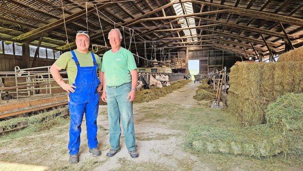 Dominik (links) und Urs Winzeler im Stall: Die Zucht der Holstein-Kühe ist die Leidenschaft dieser beiden Männer.