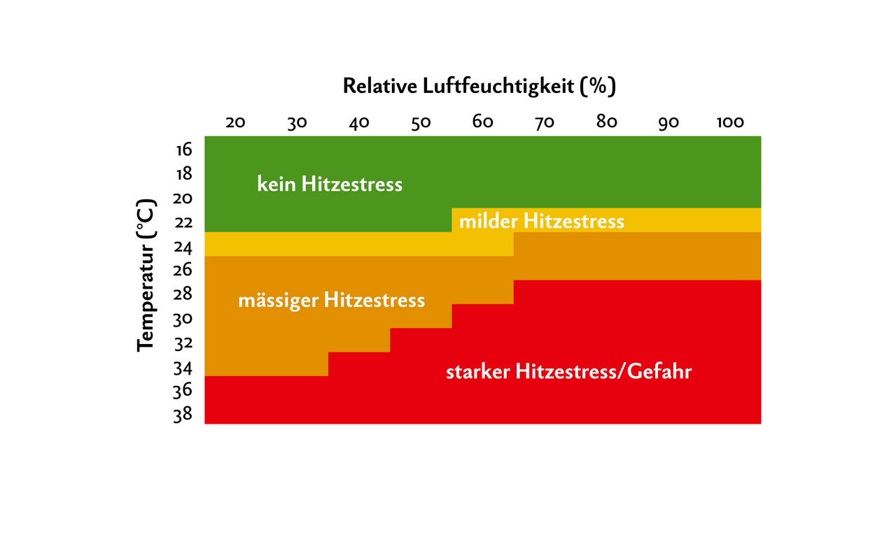Hitzestress-Index für Milchkühe in Abhängigkeit von Temperatur und Luftfeuchtigkeit.