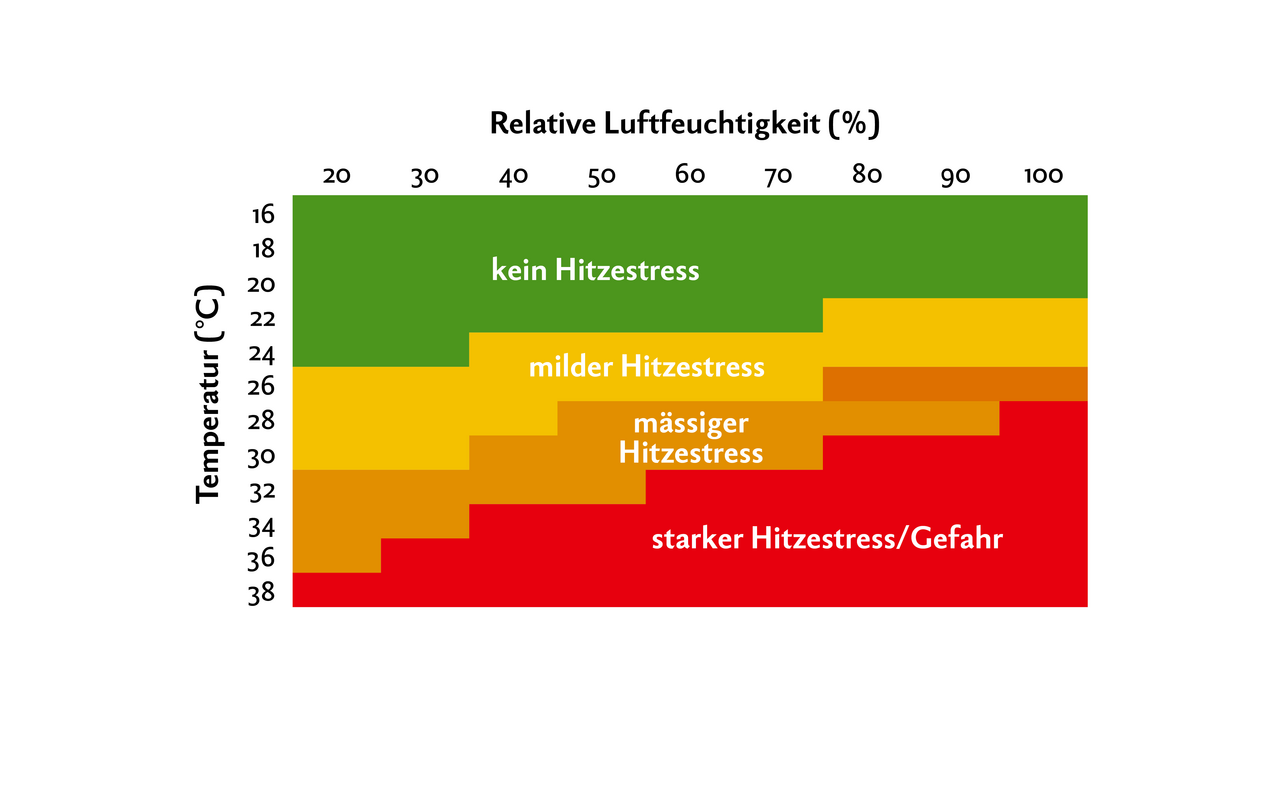 Hitzestress-Index für Legehennen in Abhängigkeit von Temperatur und Luftfeuchtigkeit.