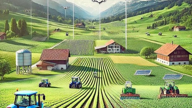 Je genauer die Befehle, desto besser das Ergebnis. Dieses KI-Bild entstand mit dem kurzen Befehl «Typische KI-Anwendungen in der Schweizer Landwirtschaft».