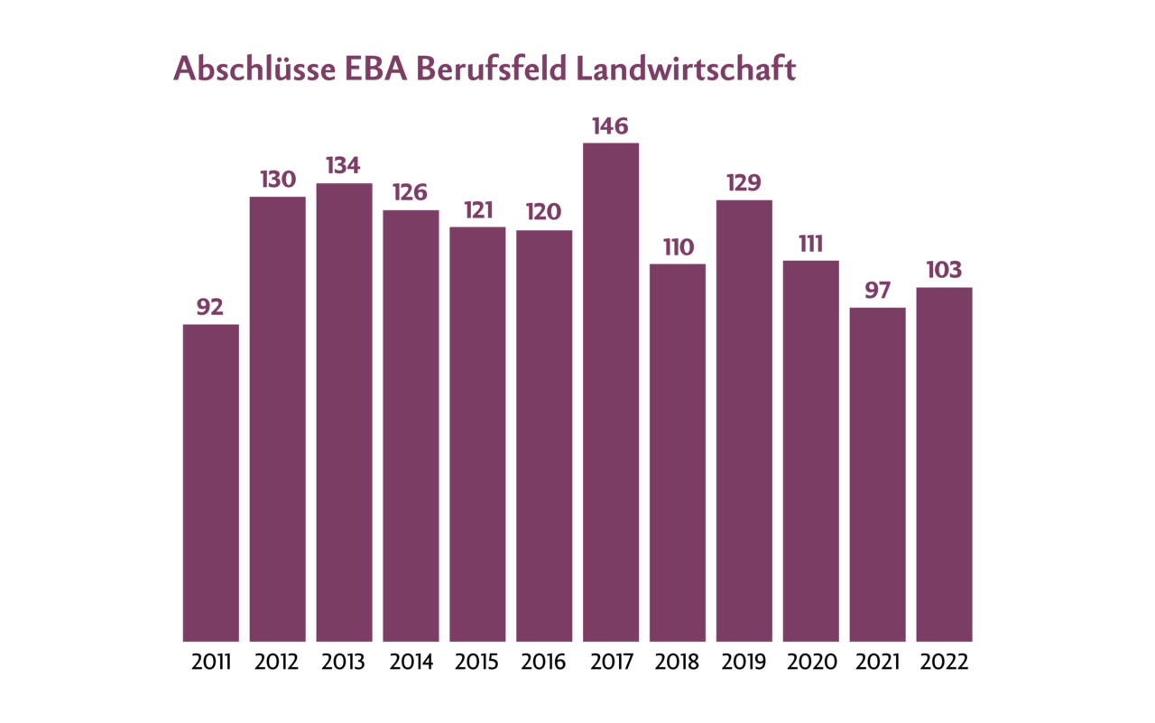 Seit es die Ausbildung AgrarpraktikerIn EBA gibt, schliessen im Schnitt jedes Jahr rund 100 Lernende ab. Bei den EFZ-Lernenden sind es jährlich rund 1000.