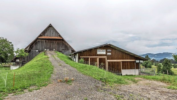 Der bestehende Stall wurde auf der rechten Seite mit einem Boxenlaufstall ergänzt. Der neue Stallteil könnte bei Bedarf an beiden Stirnseiten verlängert werden.