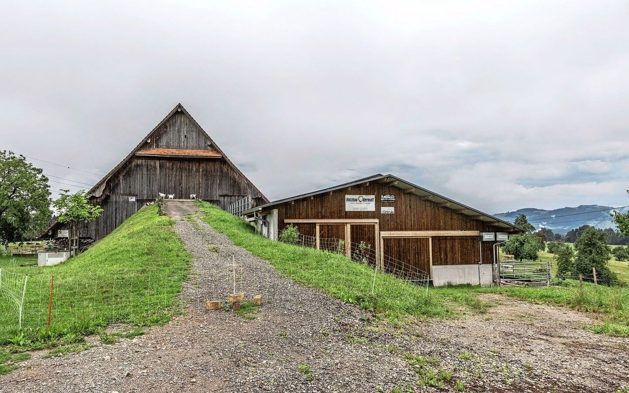 Der bestehende Stall wurde auf der rechten Seite mit einem Boxenlaufstall ergänzt. Der neue Stallteil könnte bei Bedarf an beiden Stirnseiten verlängert werden.
