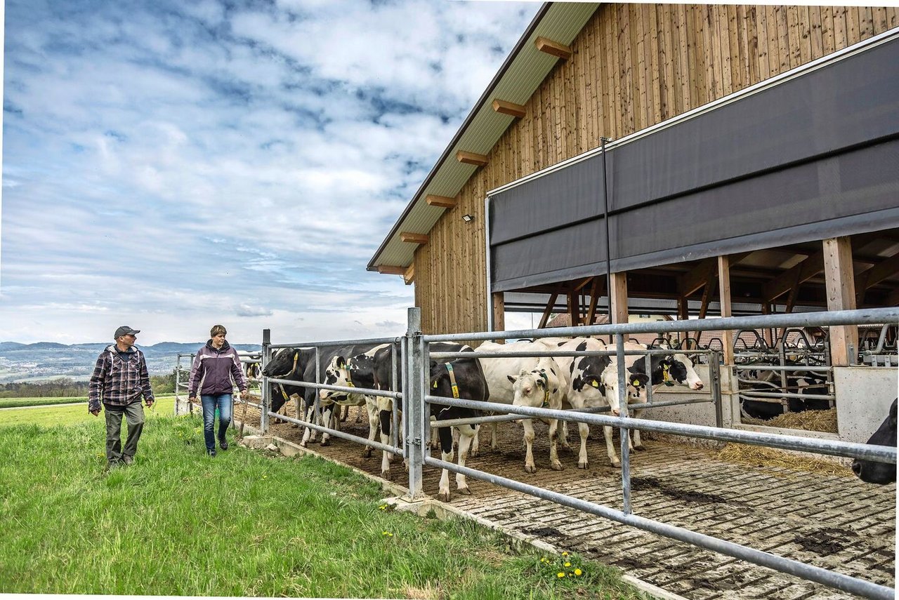 Kurt und Christine Huber vor dem Laufhof des Gammerstalls. Für die beiden hat sich die Investition gelohnt, da sie mehr Milch im Tank haben. 