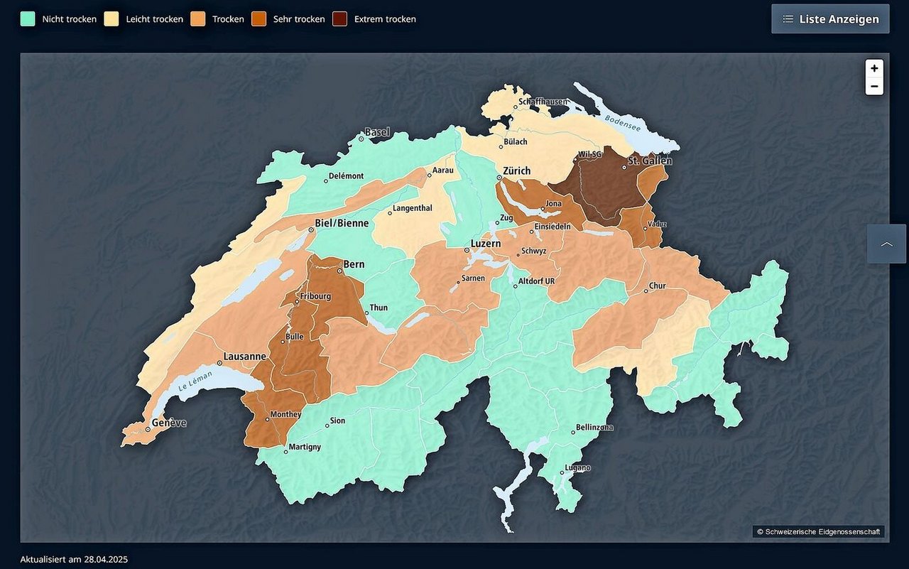 So präsentierte sich die Lage in der Schweiz Mitte April 2025. Die Lage hat sich nach den Niederschlägen Ende April deutlich entspannt. 